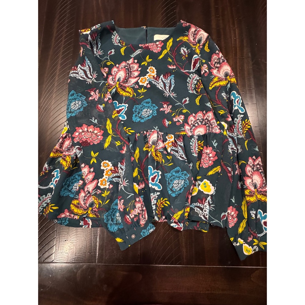 Ann Taylor LOFT Petite Floral Peplum Blouse Teal Pink Long Sleeve XXSP